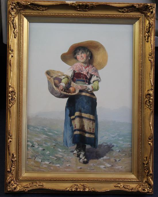 Domenico de Angelis (1852-1904) Peasant girl carrying a basket of fruit, 20 x 14in.